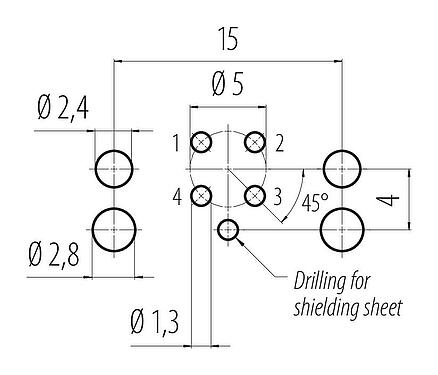 Conductor layout 99 3732 203 04 - M12 Female panel mount connector, Contacts: 4, shieldable, THR, IP67, UL 2238, M12x1.0, Rear mounting