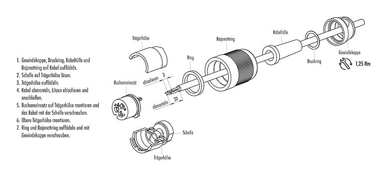 Montageanleitung Bajonett Kabeldose, Polzahl: 5, 5,0-8,0 mm, schirmbar, löten, IP40