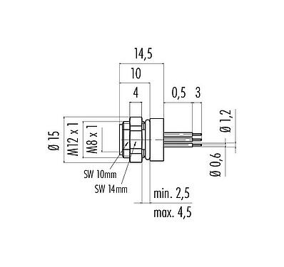 Maßzeichnung M8 Flanschdose, Polzahl: 4, ungeschirmt, THT, IP67, M12x1,0, Rückwandmontage
