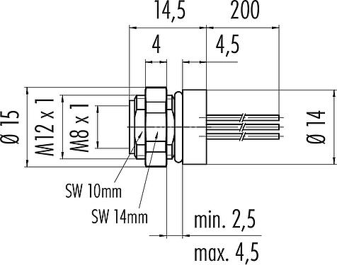 Dessin coté M8 Embase femelle, Contacts: 6, non blindé, fils, IP67/IP69K, UL 2238, M12x1,0, Montage mural arrière, coulé