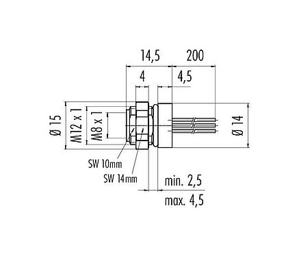 Dessin coté 76 6518 1111 00003-0200 - M8 Embase femelle, Contacts: 3, non blindé, fils, IP67/IP69K, UL 2238, M12x1,0, Montage mural arrière