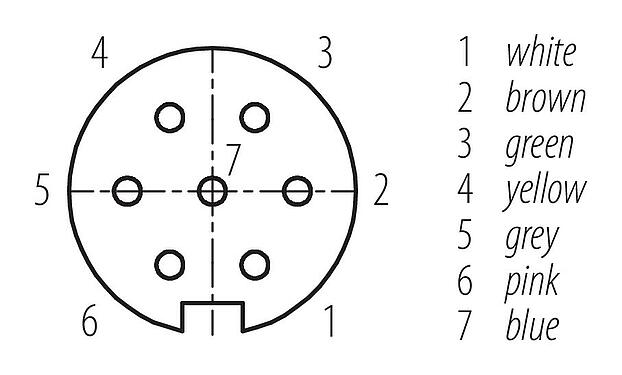 Disposition des contacts (Côté plug-in) M16 Connecteur femelle, Contacts: 7 (07-a), non blindé, surmoulé sur le câble, IP67, PUR, noir, 7 x 0,25 mm², 2 m