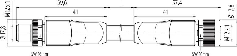 Bản vẽ tỷ lệ M12 Phích cắm cáp - ổ cắm cáp, Số lượng cực : 4+FE, không có chống nhiễu, ép phun vào dây cáp, IP68, PUR, màu đen, 5 x 2,50 mm², UL đang được chuẩn bị, 5m