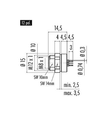 縮尺図 86 6518 1100 00012 - M8 メスパネルマウントコネクタ, 極数: 12, 非シールド, THT, IP67, UL, 前面ねじ取り付け可能