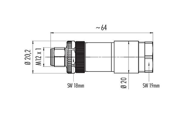 Dessin coté M12 Connecteur mâle, Contacts: 8, 8,0-10,0 mm, non blindé, pince à visser, IP67, UL 2238, PG 11