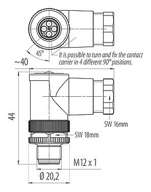 Scale drawing 99 0529 52 04 - M12 Male angled connector, Contacts: 4, 6.0-8.0 mm, unshielded, crimping (Crimp contacts must be ordered separately), IP67, UL