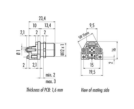 Schaaltekening 99 3441 458 05 - M12 Male panel mount connector, aantal polen: 5, schermbaar, THR, IP68, UL, voor PCB-montage