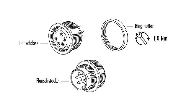Einzelteildarstellung M16 Flanschdose, Polzahl: 8 (08-a), ungeschirmt, löten, IP68, UL 2238, AISG konform, M18x0,75, Frontmontage