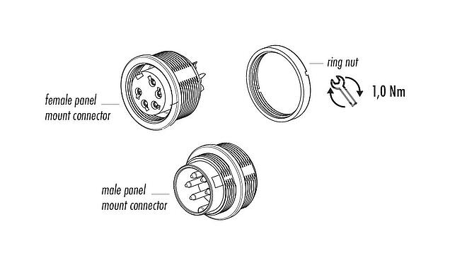Artikelbeschrijving M16 Female panel mount connector, aantal polen: 8 (08-a), onafgeschermd, soldeer, IP68, UL 2238, AISG compliant, M18x0,75, Frontaansluiting