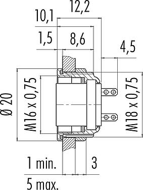 Scale drawing M16 Female panel mount connector, Contacts: 5 (05-a), unshielded, solder, IP67, UL 2238, M18x0,75, Front mounting