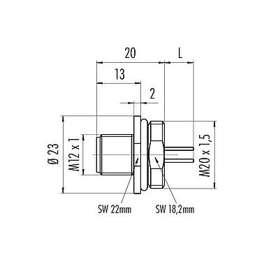 Výkres v měřítku M12 Přírubová zátka, : 4, nestíněný, Splétané vodiče, IP67, UL 2238, M20x1,5, Přední montáž