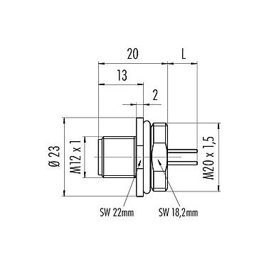Scale drawing 76 4631 0111 00012-0200 - M12 Male panel mount connector, Contacts: 12, unshielded, single wires, IP67, UL, M20x1.5