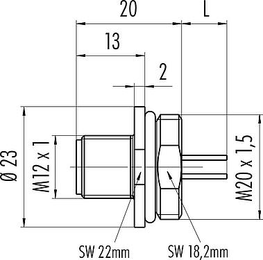 Schaaltekening M12 Male panel mount connector, aantal polen: 5, onafgeschermd, draden, IP67, UL 2238, M20x1,5, Frontaansluiting