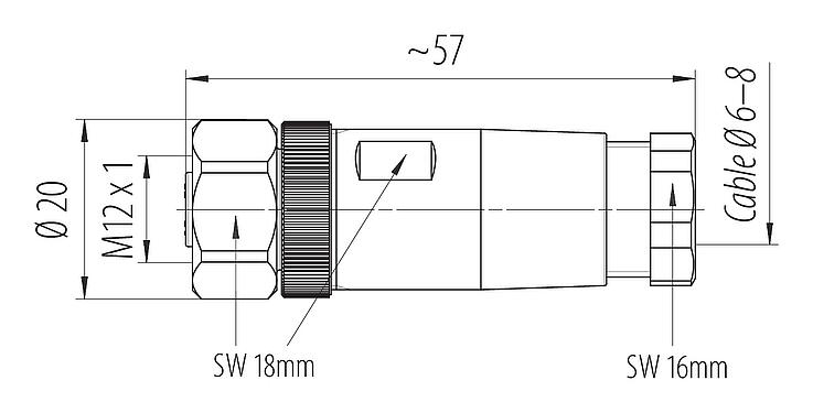 Dibujo a escala M12 Conector de cable hembra, Número de contactos: 4, 6,0-8,0 mm, sin blindaje, tornillo extraíble, IP67, Acero inoxidable