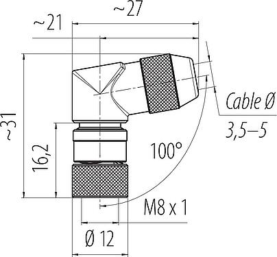 縮尺図 M8 メス アングルコネクタ, 極数: 3, 3.5-5.0mm, シールド可能, はんだ, IP67, UL 2238