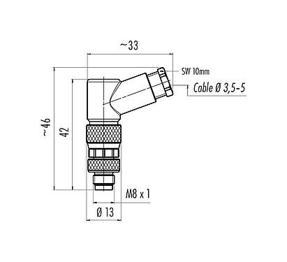 Dessin coté M8 Connecteur mâle coudé, Contacts: 3, 3,5-5,0 mm, non blindé, pince à visser, IP67, UL 2238