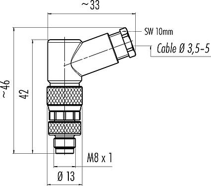 Scale drawing M8 Male angled connector, Contacts: 4, 3.5-5.0 mm, unshielded, screw clamp, IP67, UL 2238
