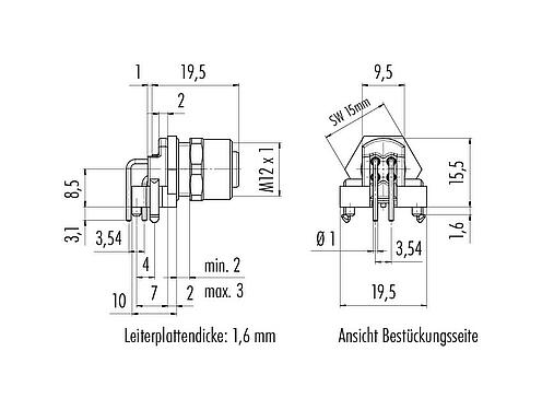 Maßzeichnung M12 Flanschstecker, gewinkelt, Polzahl: 4, ungeschirmt, THR, IP68, UL 2238, Frontmontage, für die Leiterplattenmontage, zweiteilige Ausführung