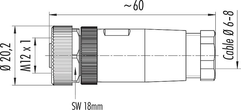 Schaaltekening M12 Kabeldoos, aantal polen: 2+PE, 6,0-8,0 mm, onafgeschermd, schroefklem, IP67, UL 2238