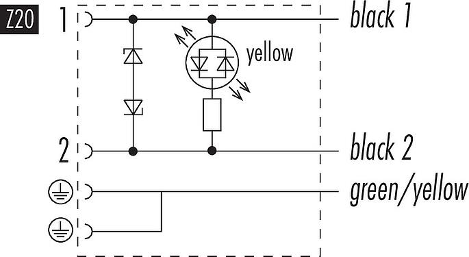 Kabelconstructie Female magneetventielstekker, aantal polen: 2+2PE, onafgeschermd, aan de kabel aangegoten, IP67, PUR, zwart, Circuit Z20, met LED PNP, 5 m