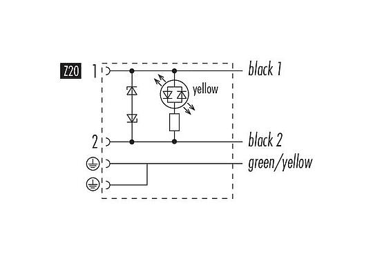 Pin assignment plans 31 5237 500 520 - Female solenoid valve connector, Contacts: 2+2PE, unshielded, moulded on the cable, IP67, PUR, black, Circuit Z20, with LED PNP, 5 m