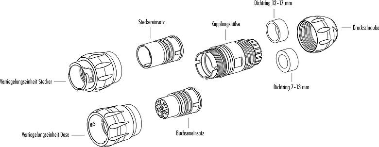 Einzelteildarstellung Bajonett Kabelstecker, Polzahl: 12, 7,0-13,0 mm, ungeschirmt, crimpen (Crimpkontakte müssen separat bestellt werden), IP68/IP69K, UL 2238, VDE, UV-Beständig