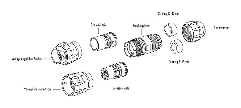 Einzelteildarstellung Bajonett Kabelstecker, Polzahl: 4+PE, 7,0-17,0 mm, ungeschirmt, crimpen (Crimpkontakte müssen separat bestellt werden), IP68/IP69K, UL 2238, VDE, UV-Beständig