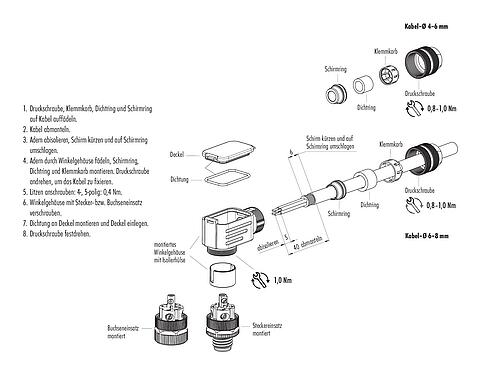 Montageanleitung M12 Winkelstecker, Polzahl: 4, 4,0-6,0 mm, schirmbar, schraubklemm, IP67, UL 2238, mit Schirmring