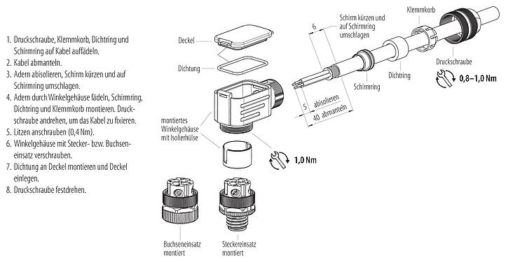 Montageanleitung M12 Winkeldose, Polzahl: 4, 6,0-8,0 mm, schirmbar, schraubklemm, IP67, UL 2238, mit Schirmring