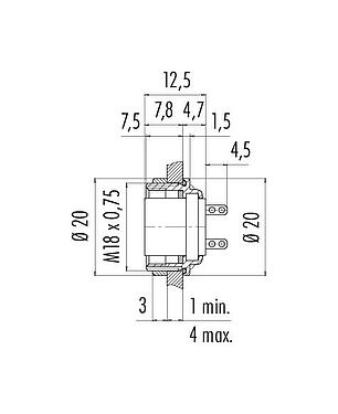 Scale drawing M16 Female panel mount connector, Contacts: 5 (05-b), unshielded, solder, IP67, UL 2238, M18x0,75, Rear mounting