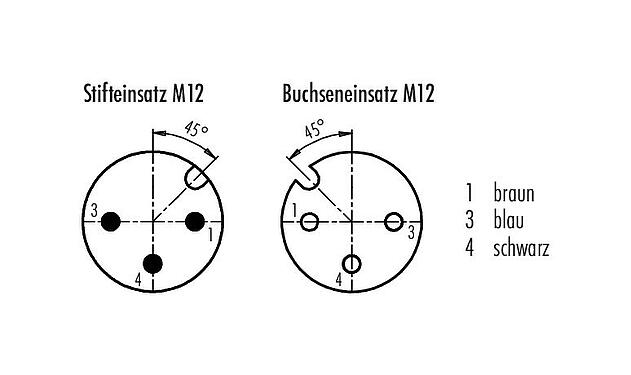 Polbild (Steckseite) M12 Verbindungsleitung Kabelstecker - Winkeldose mit LED, Polzahl: 3, ungeschirmt, am Kabel angespritzt, IP68/IP69K, PUR, schwarz, 3 x 0,34 mm², mit LED PNP, 2 m