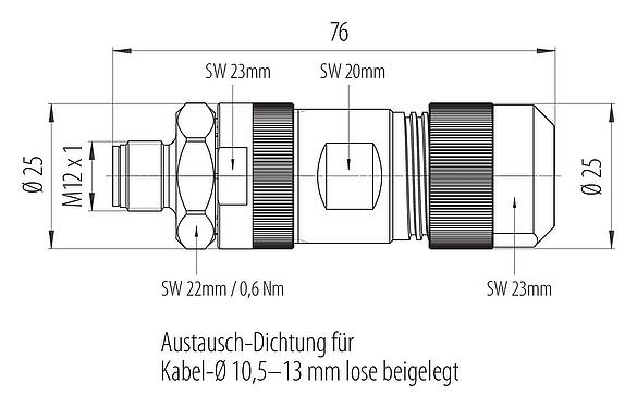 Maßzeichnung M12 Kabelstecker, Polzahl: 5, 8,0-13,0 mm, ungeschirmt, schraubklemm, IP67, M12x1,0, Edelstahl