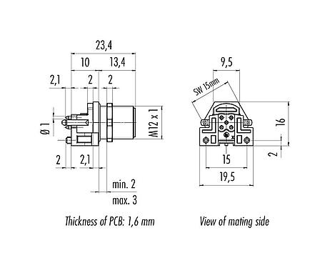 Desenho da escala 99 3441 200 05 - M12 Bujão flangeado, Contatos: 5, desprotegido, THR, IP68, UL, para montagem de placas de circuito impresso