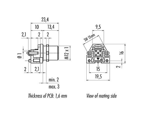 Dessin coté M12 Embase mâle, Contacts: 5, non blindé, THR, IP68, UL 2238, M12x1,0, Montage mural arrière, pour assemblage PCB