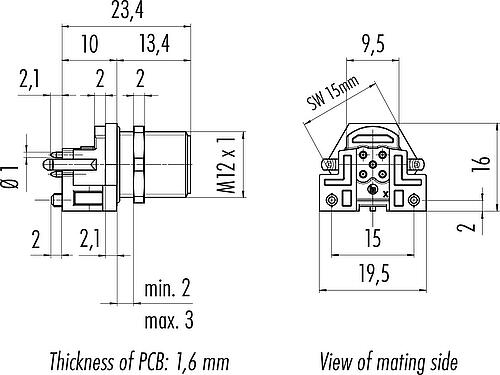 Scale drawing M12 Male panel mount connector, Contacts: 5, unshielded, THR, IP68, UL 2238, M12x1.0, Rear mounting, for PCB assembly