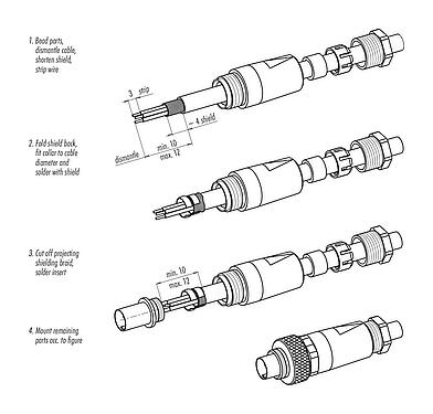 Instructions de montage M9 Connecteur femelle, Contacts: 3, 3,5-5,0 mm, blindable, souder, IP67, avec manchette de protection