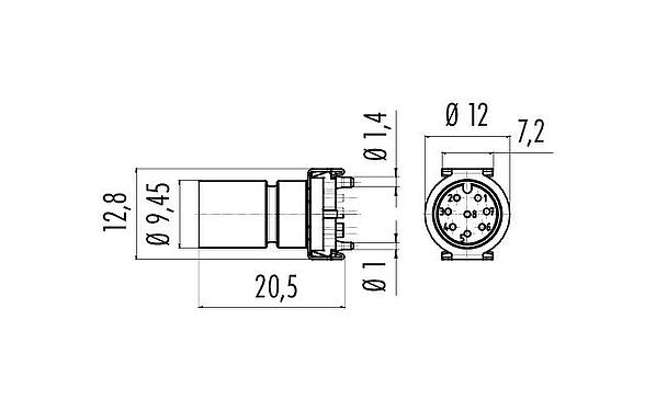 Dessin coté M12 Encastrable mâle, Contacts: 8, non blindé, SMT, IP67