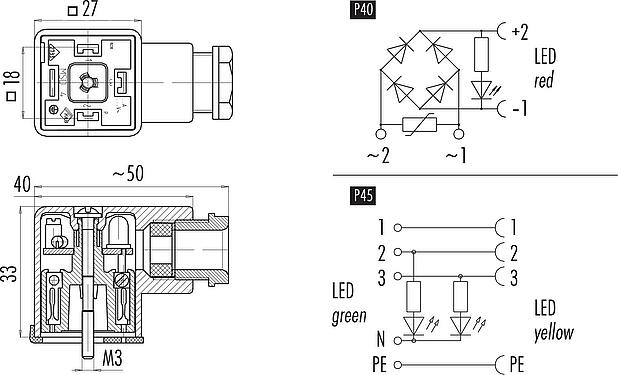 縮尺図 メス電源コネクタ, 極数: 3+PE, 6.0-8.0mm, 非シールド, ねじ圧着, シールなしのIP40, PG 9, サーキット P45, LED PNP付き