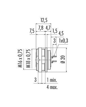 Dessin coté M16 Embase femelle, Contacts: 7 (07-a), non blindé, THT, IP67, UL 2238, M18x0,75, Montage mural arrière