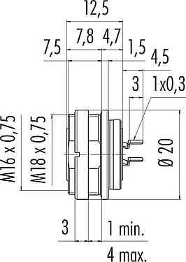 Scale drawing M16 Female panel mount connector, Contacts: 2 (02-a), unshielded, THT, IP67, UL 2238, M18x0,75, Rear mounting