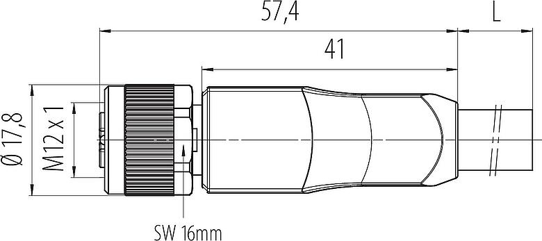 Масштабный чертеж M12 Кабельная розетка, Количество полюсов: 4+FE, не экранированный, формовка на кабеле, IP68, UL 2238, M12x1,0, PUR, черный, 5 x 2,50 мм², 2 м