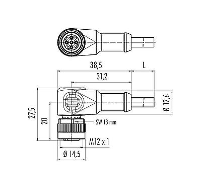 Scale drawing 77 3434 0000 80005-0200 - M12 Female angled connector, Contacts: 5, unshielded, moulded on the cable, IP69K, UL, PUR, orange, 5 x 0.34 mm², for welding applications, 2 m