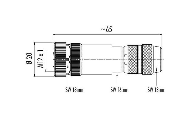 Desenho da escala 99 3728 810 04 - M12 Tomada de cabo, Contatos: 4, 5,0-8,0 mm, blindável, pinça de parafuso, IP67, UL