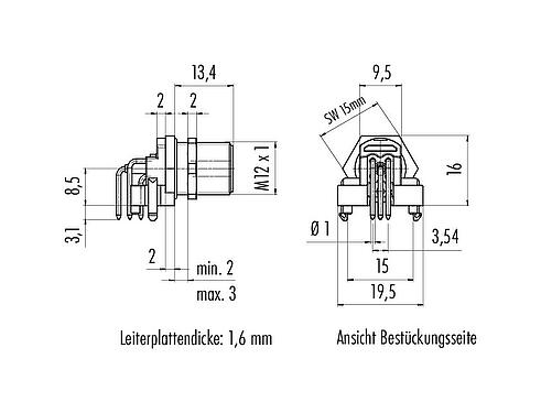 Maßzeichnung M12 Flanschstecker, gewinkelt, Polzahl: 5, schirmbar, THR, IP68, UL 2238, Rückwandmontage, für die Leiterplattenmontage
