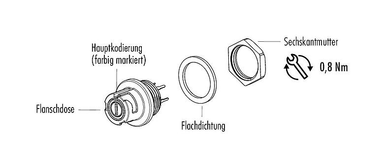 Montageanleitung Bajonett Flanschdose, Polzahl: 5, ungeschirmt, THT, IP54 ungesteckt, M13x1,0, Frontmontage
