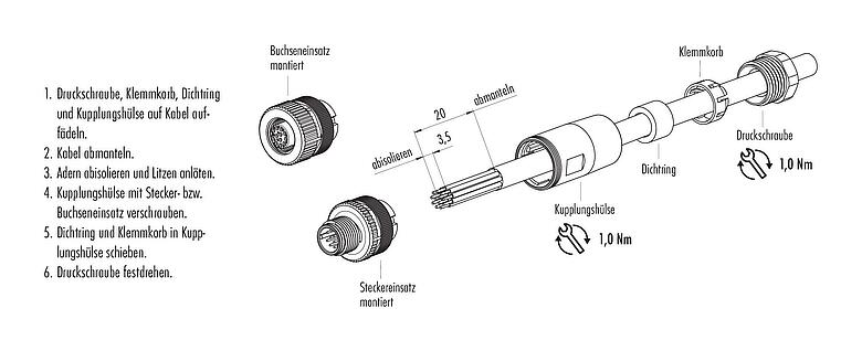 Montageanleitung M12 Kabelstecker, Polzahl: 12, 6,0-8,0 mm, ungeschirmt, löten, IP67, UL 2238