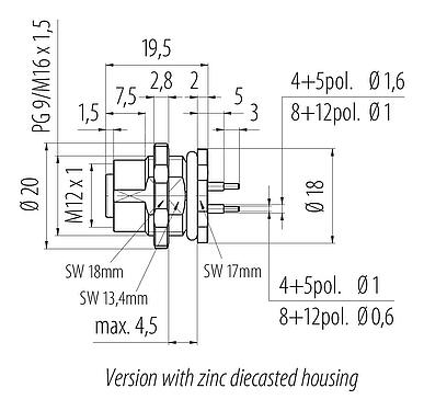 比例图 M12 孔头法兰座, 极数: 8, 非屏蔽, THT, IP68, UL 2238, M16x1.5, 後壁安裝