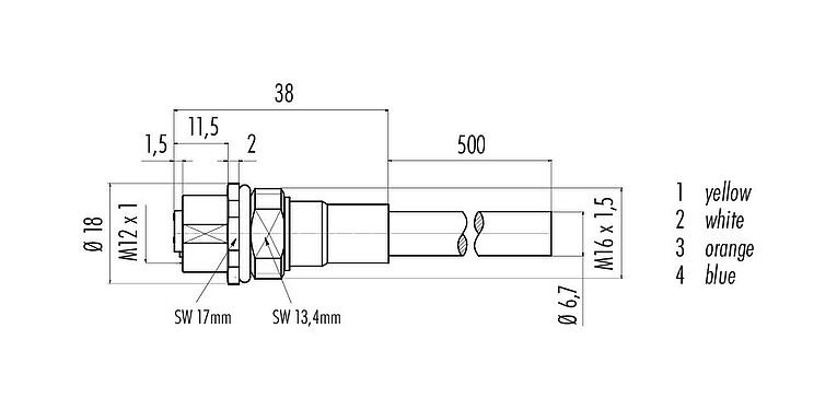 Skalritning M12 Flänsuttag, antal poler: 4, skärmad, konfektionerad med kabel, IP67, UL, M16x1,5, Profinet, PUR, grön, 2 x 2 x AWG 22, Frammontering, 0,5 m