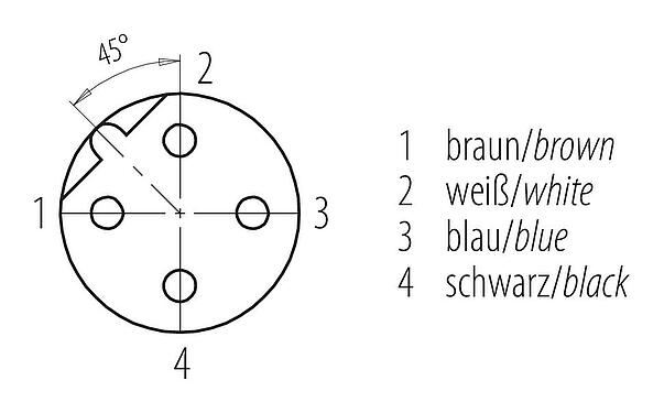 Disposition des contacts (Côté plug-in) M12 Embase femelle, Contacts: 4, non blindé, fils, IP68, UL 2238, PG 9, Montage frontal, Acier inoxydable, coulé