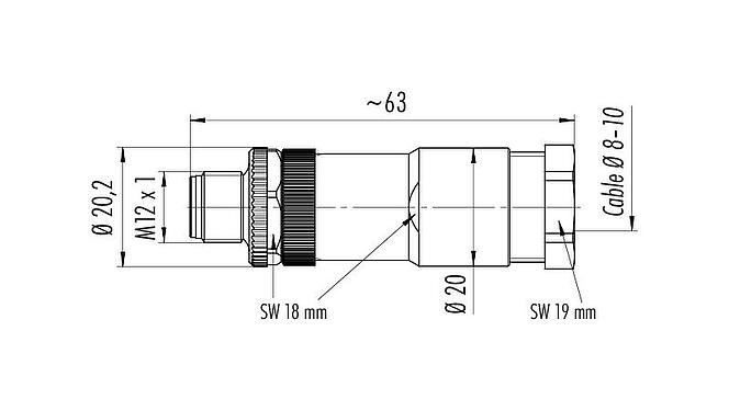 Scale drawing 99 0629 19 04 - M12 Male cable connector, Contacts: 4, 8.0-10.0 mm, unshielded, screw clamp, IP67, UL, VDE